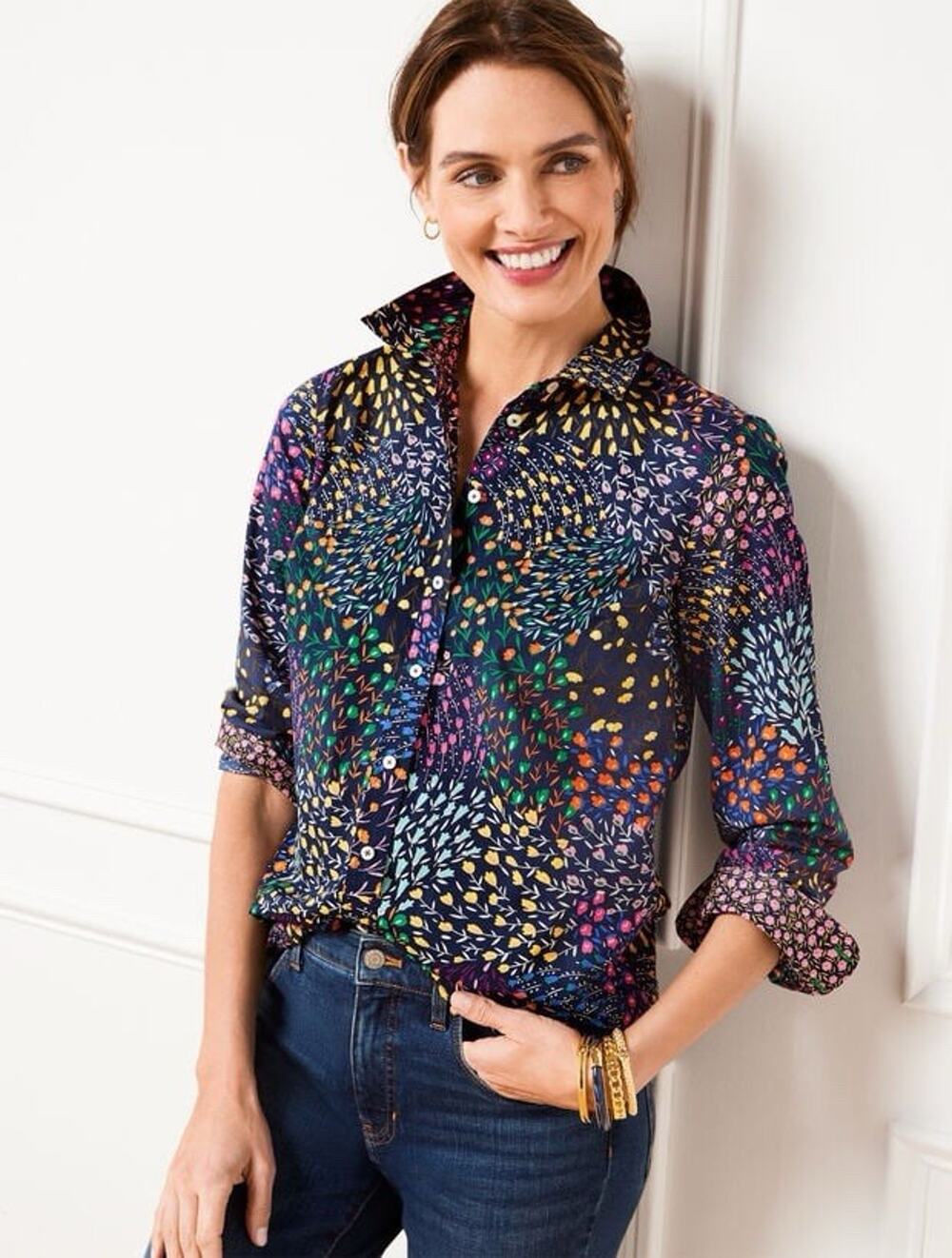 Talbots Button Front Shirt SP Navy Blue Floral Bunches Cotton Career Preppy